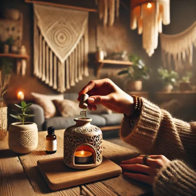 DALL·E 2025-05-28 15.18.23 - A bohemian-style setting where a woman is captured dropping essential oil into a ceramic oil diffuser (buhurdanlık). The focus is on her hand holding