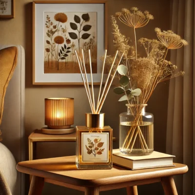 DALL·E 2025-05-27 17.17.49 - A cozy and elegant interior scene featuring a reed diffuser bottle placed on a wooden side table. The diffuser bottle is square glass with a gold cap