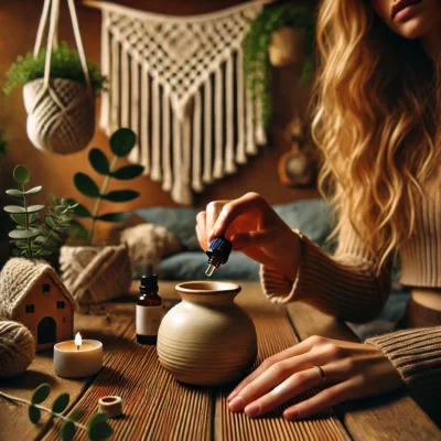 DALL·E 2025-05-28 12.49.22 - A bohemian-style setting where a woman is captured dropping essential oil into a ceramic oil diffuser (buhurdanlık). The focus is on her hand holding